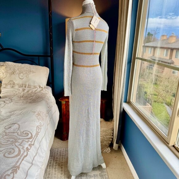 70s Vintage NWT Metallic Silver and Bronze Turtleneck Maxi Dress - Picture 4 of 16